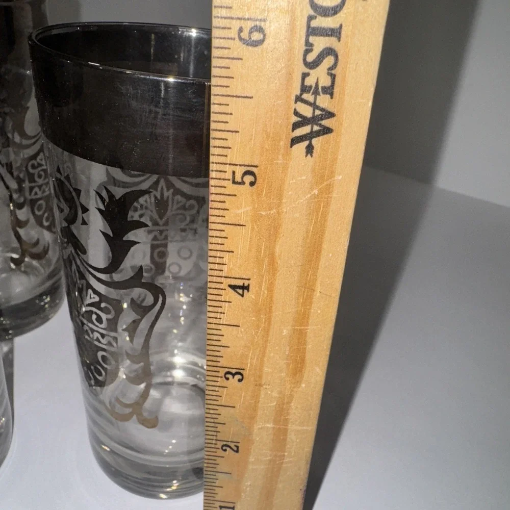 Kimiko Highball MCM Crest Glasses Silver Rim VTG Barware Caddy Coaster Set 4